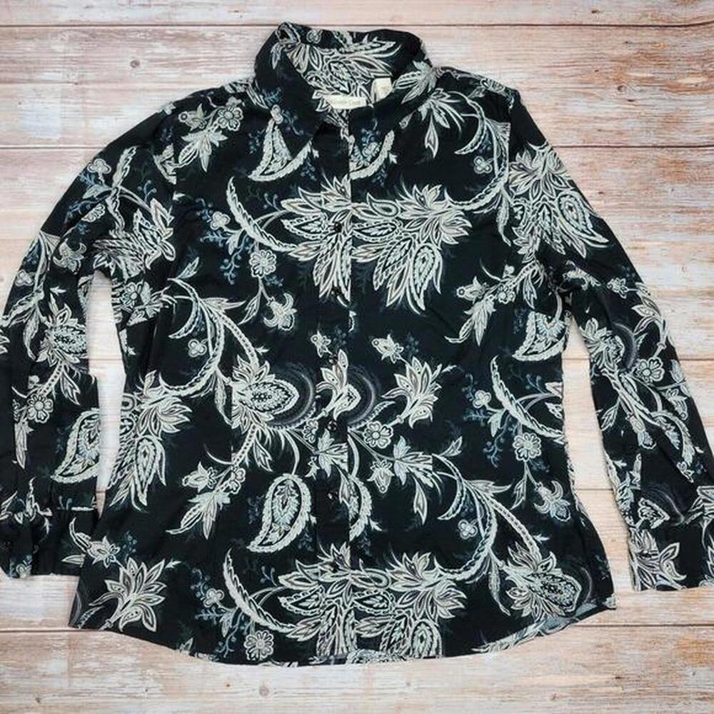 Coldwater Creek | Women's Black White Paisley Button Up V Neck Blouse Size XL